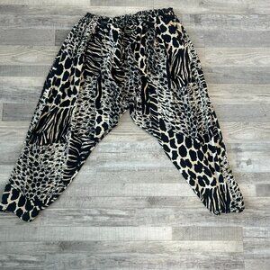 MiraMax Black Beige Animal Print Harem Pants Drawstring Waist Q49